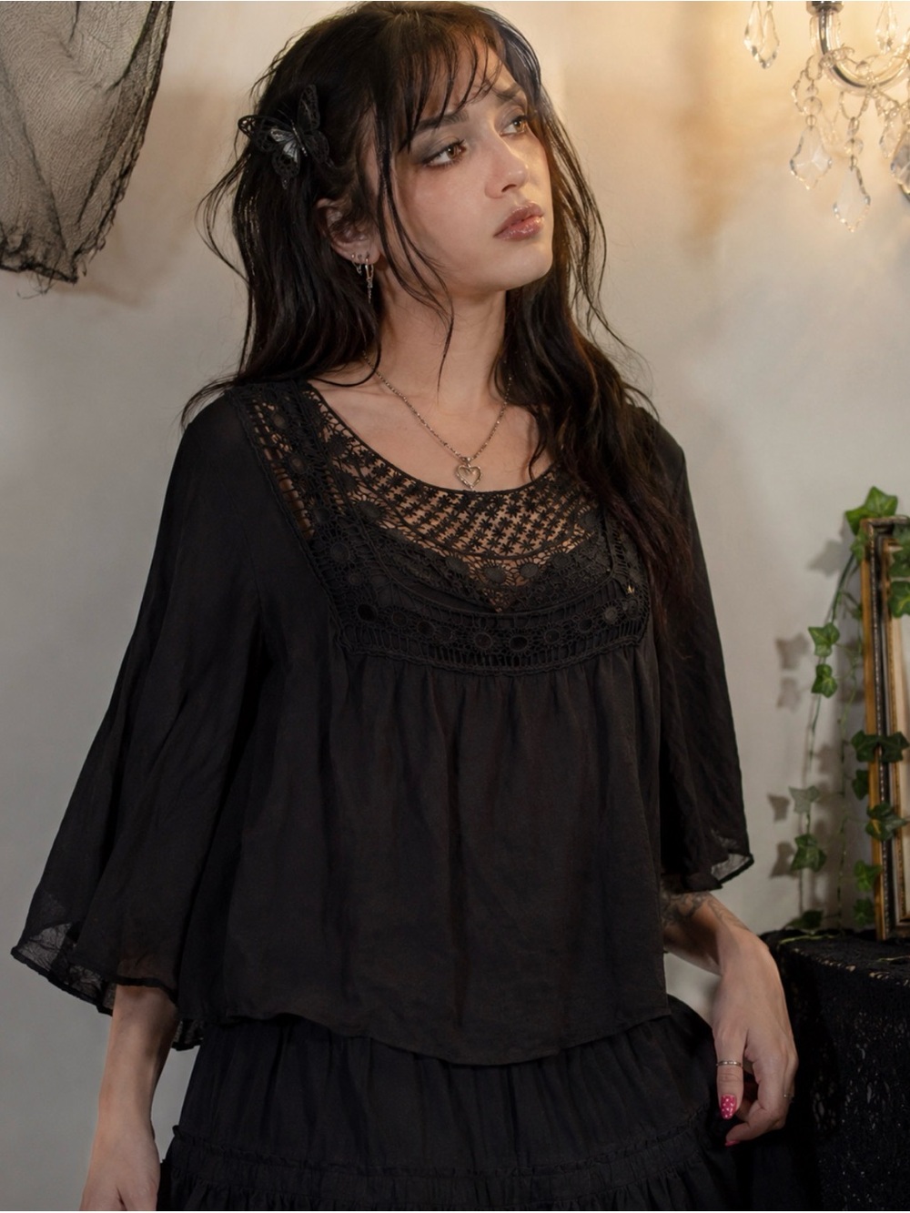 Black Lace Crochet Bell Sleeve Blouse Whimsigoth Y2K Boho Top